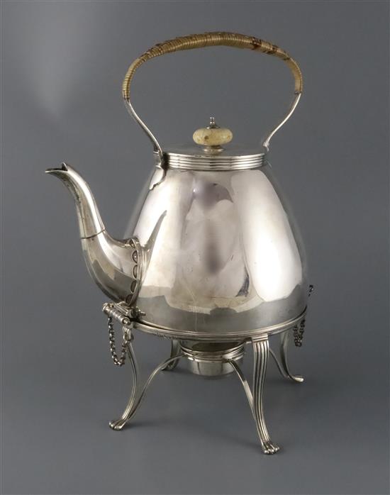A Victorian silver tea kettle on stand with burner by Lambert & Co, gross 50.5 oz.